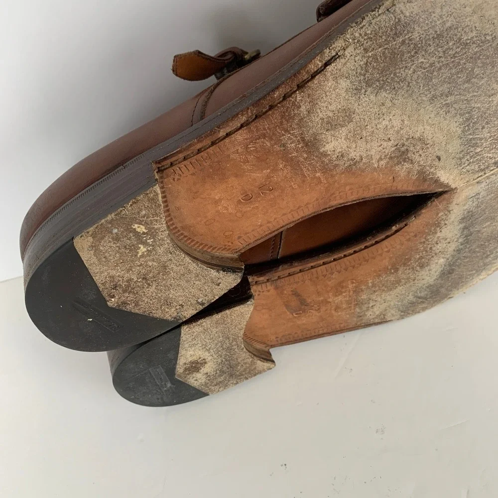 SALVATORE FERRAGAMO Leather Double Monk Strap Cap Toe Shoes 12 D Brown Italy